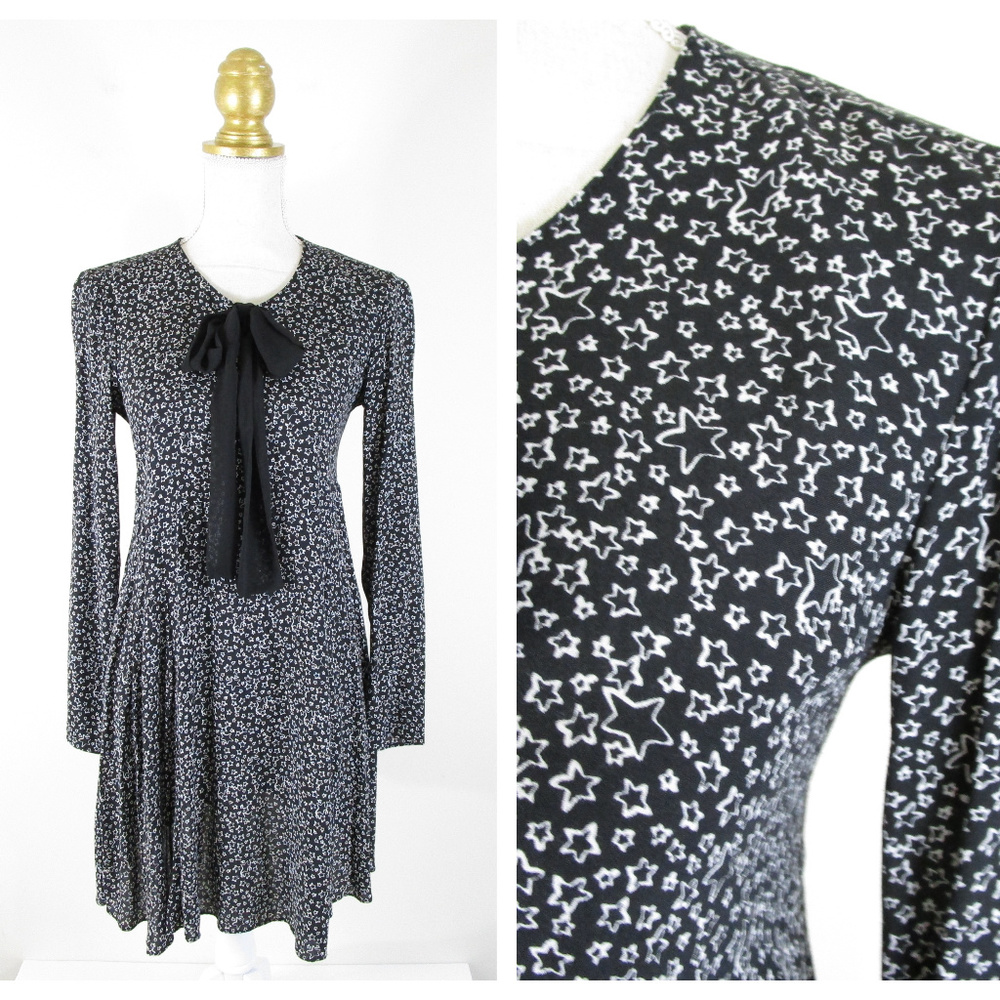 Zara Woman Black Star Printed Tie Neck Swing Dress